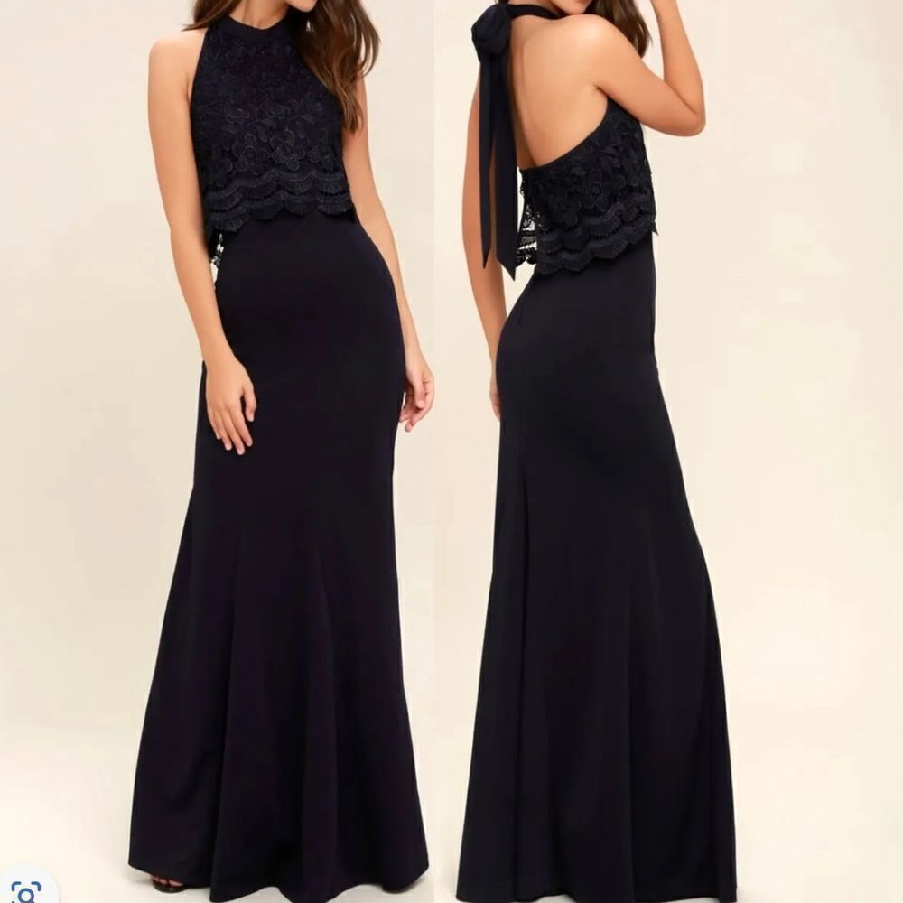 Lulus Sociable‎ Navy Blue Lace Halter Maxi Dress SZ S